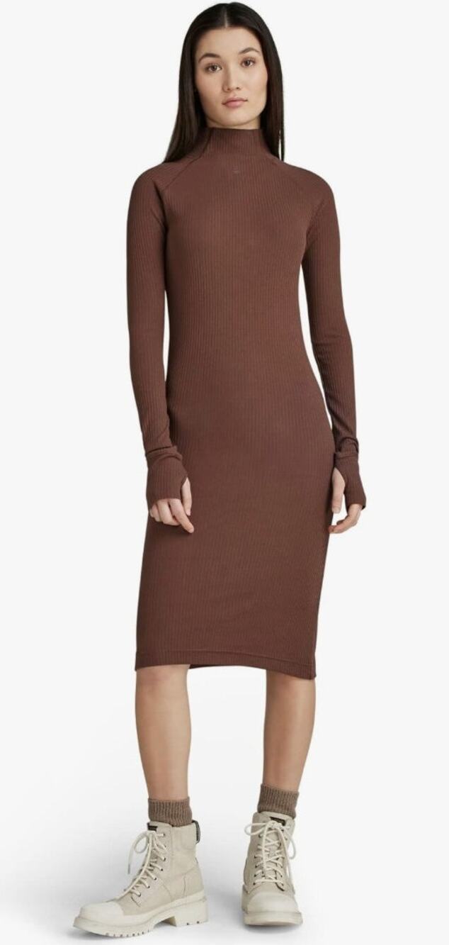 G-Star RAW Slim Rib Mock Neck Dress Womens S Brown Long Sleeve Thumbhole NWT